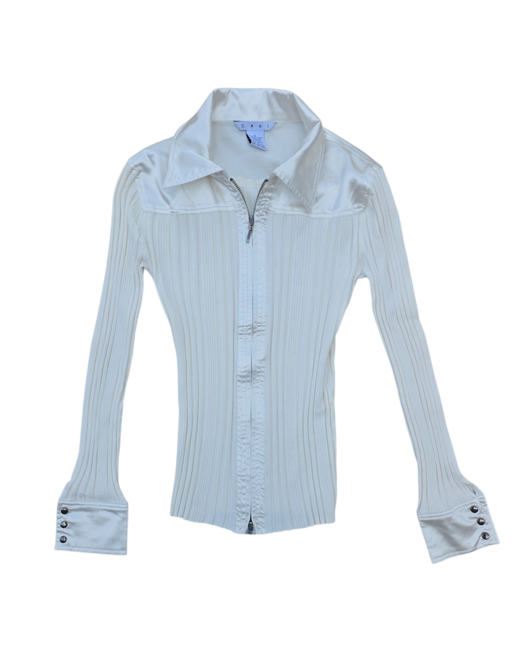 White Cabi Ribbed sweater satin zip up, S