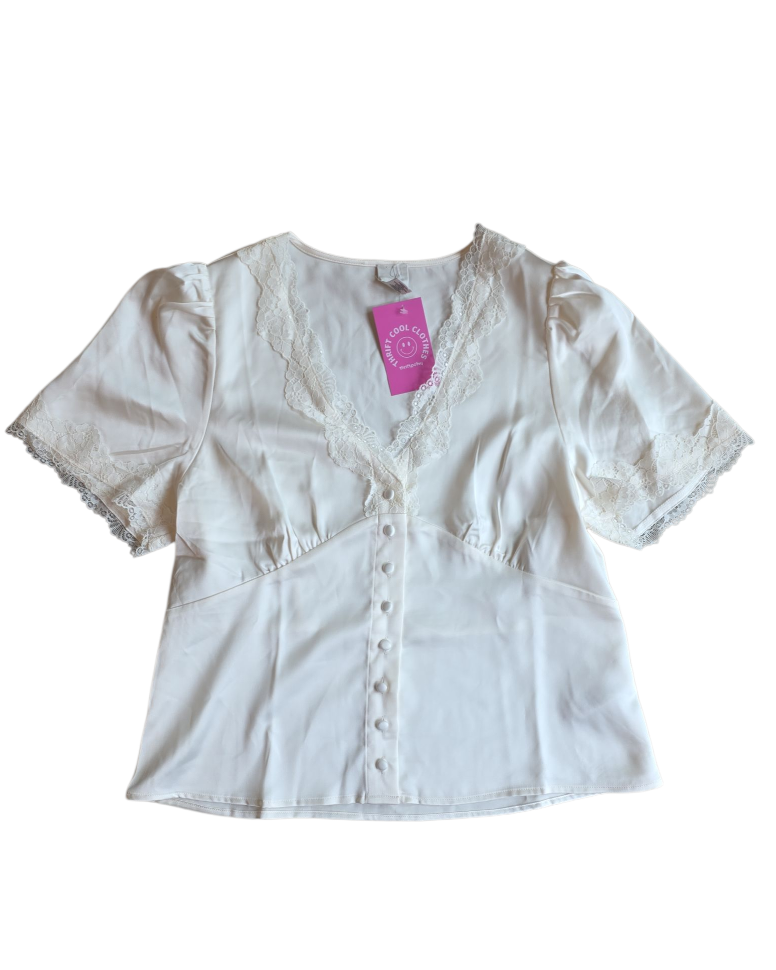 white joie satin lace short sleeve, L