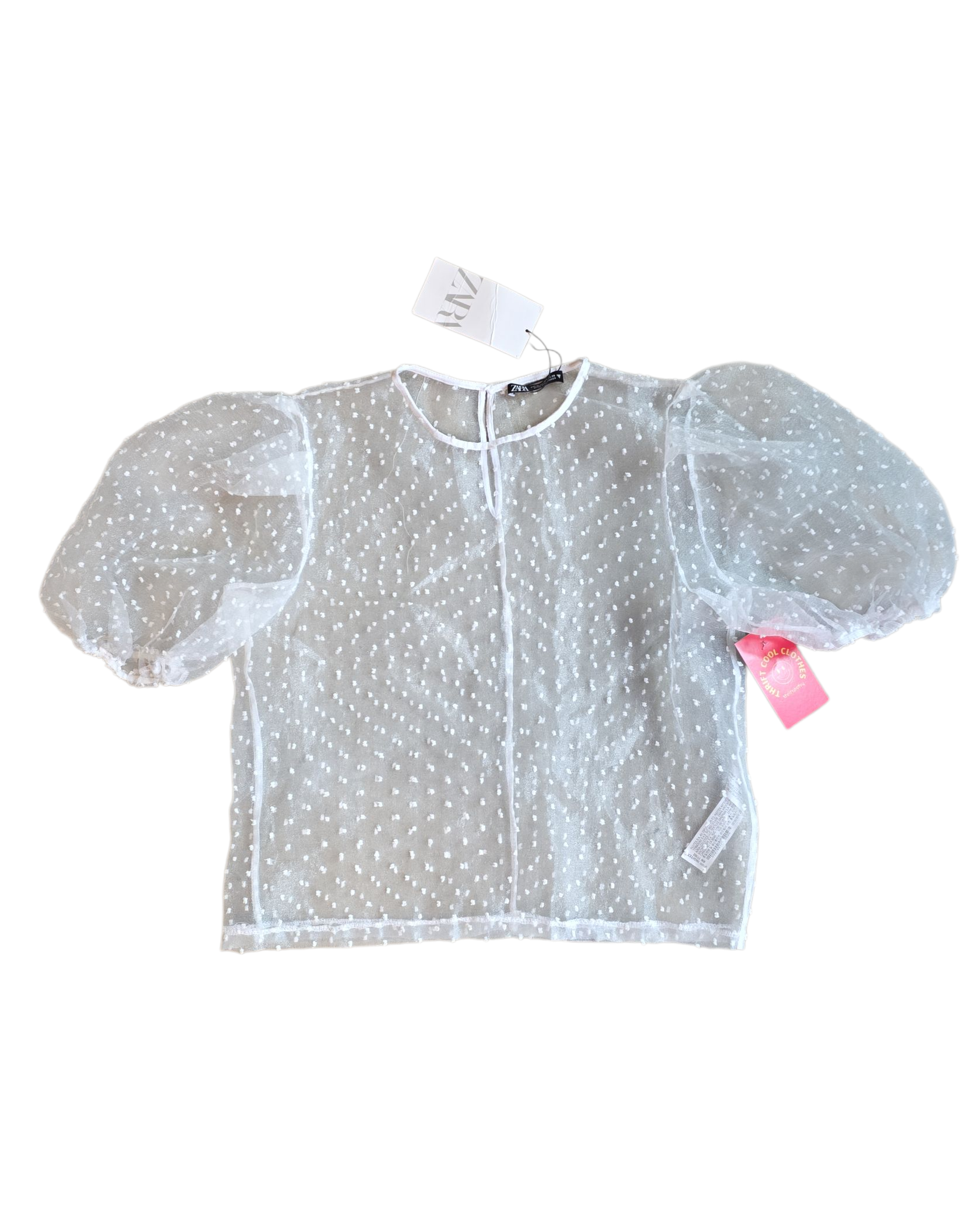 white zara nwt sheer polka dot top, m