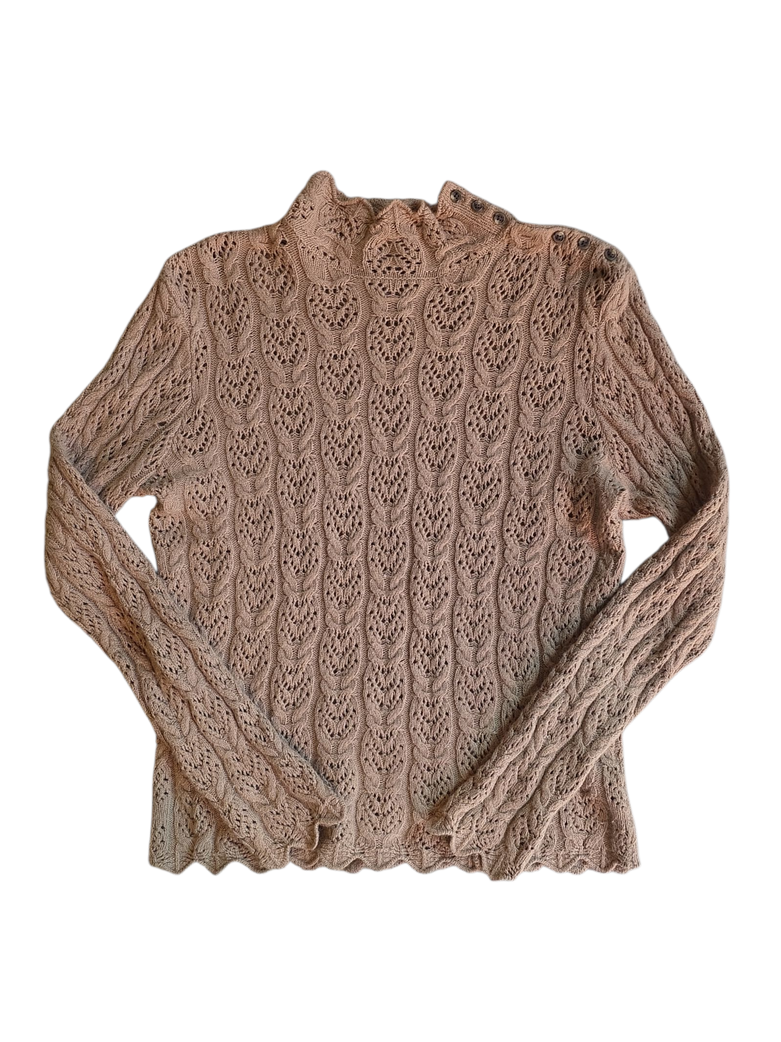 brown chaps crochet sweater w neck buttons, m