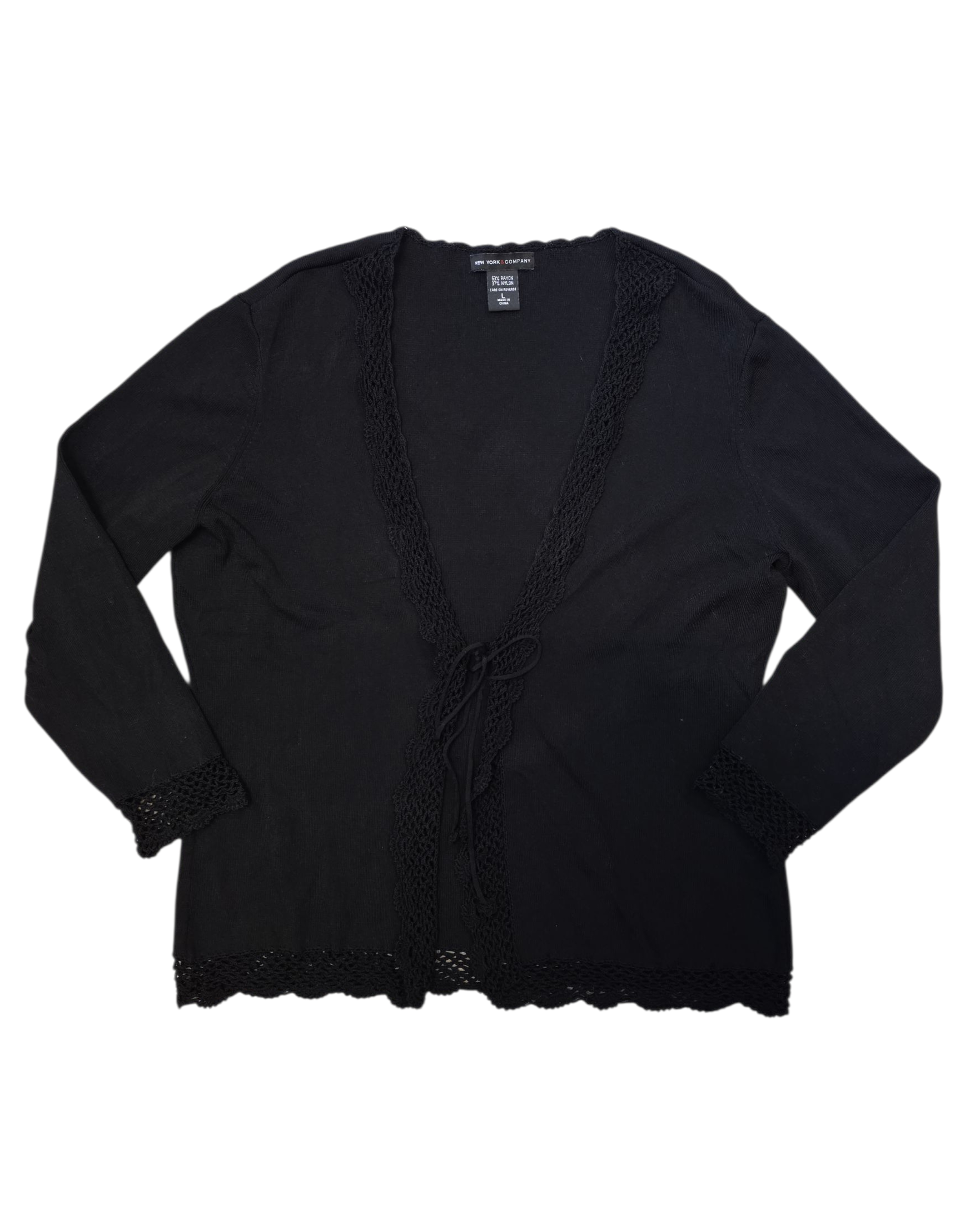 black New York & co crochet trim ls top, L