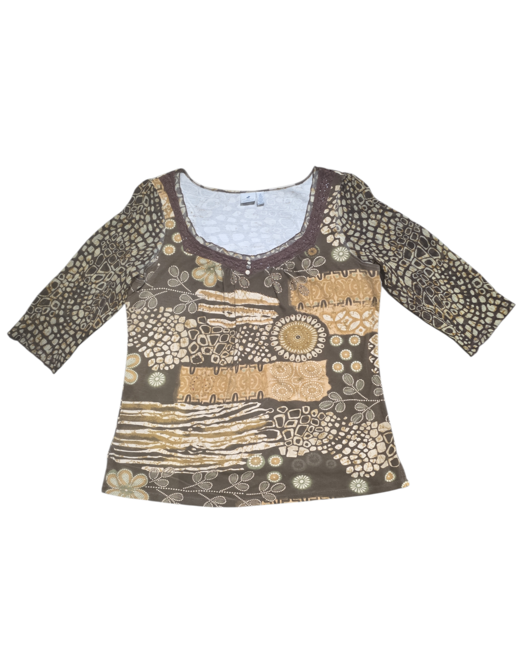 brown caribbean joe patterned ls w beads and mesh sleeves, 1x
