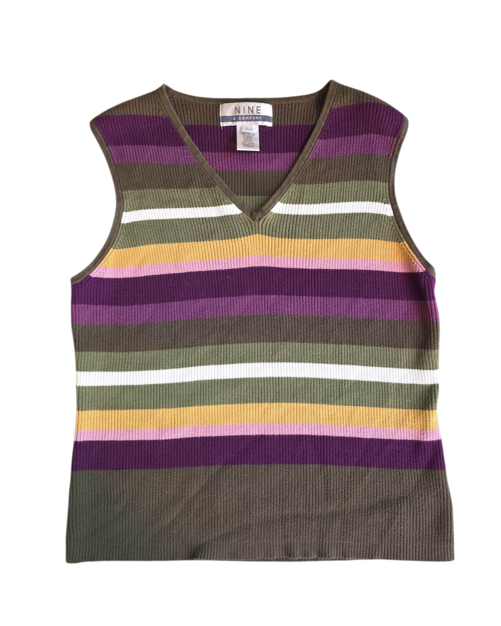 green purple nine and compant strived v neck knit tank, L