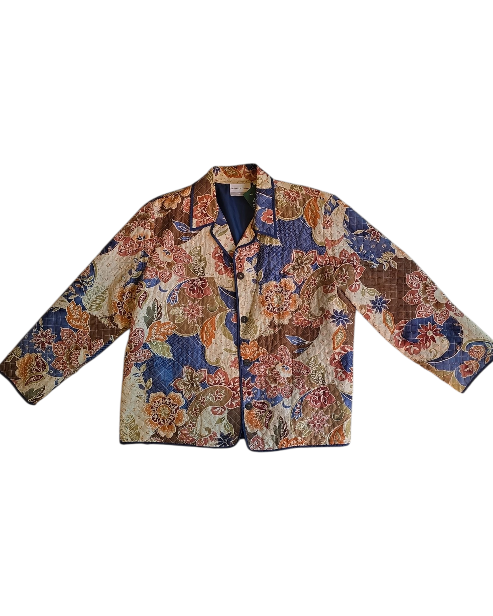 navy brown tan alfred dunner quilted floral jacket, 16p