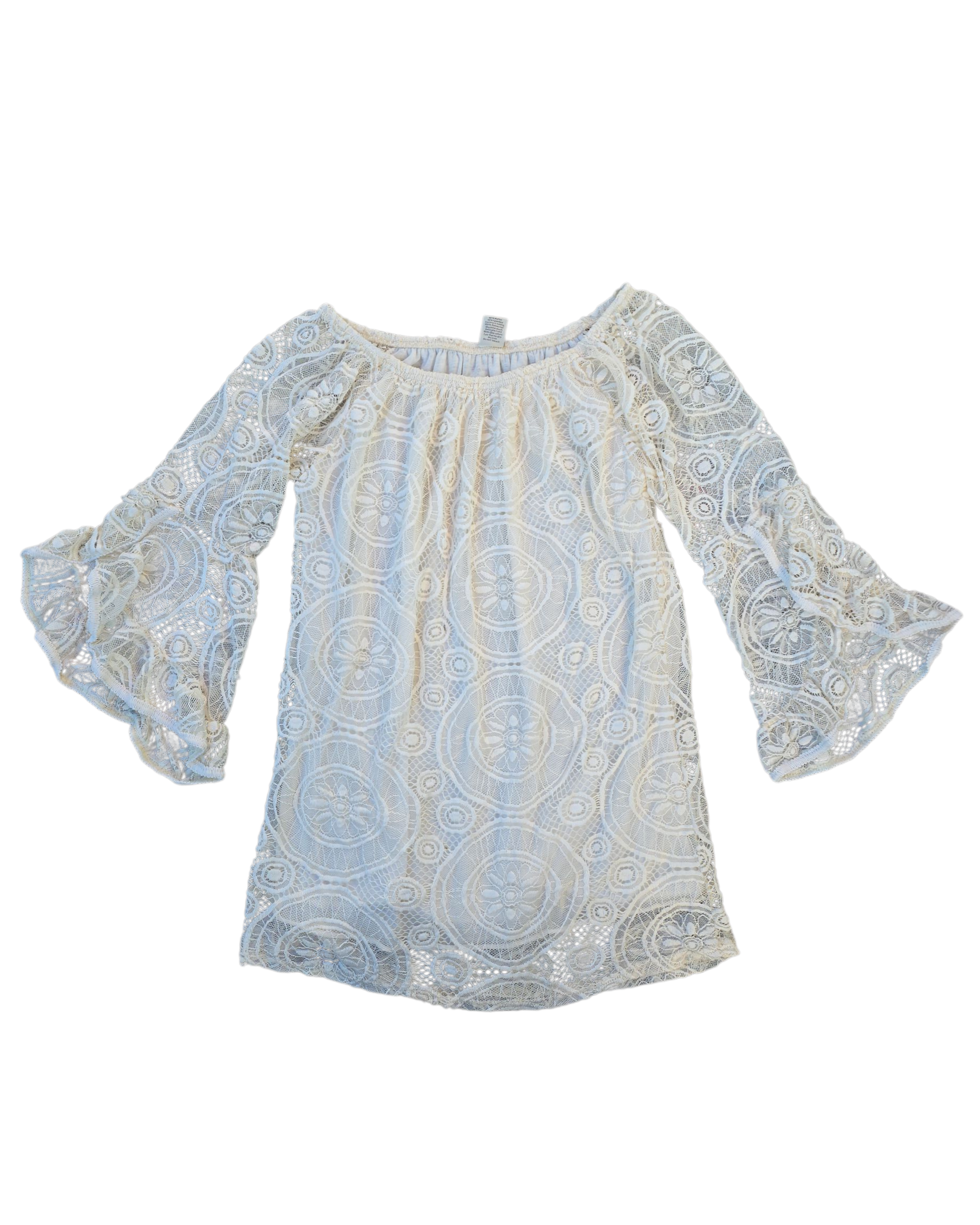 cream winwin lace whimsy quarter sleeve top, s/m